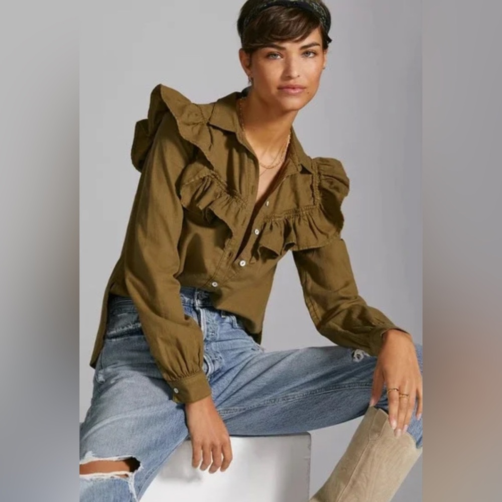Olive Ruffled Button-Up Blouse